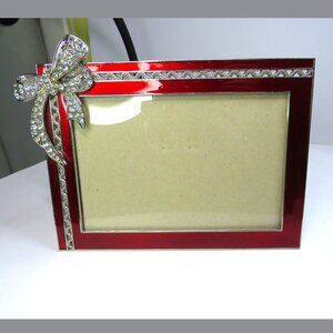 Red Enamel Metal w Rhinestone BOW Picture Frame w silver accents